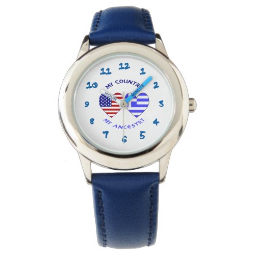 Greek and USA Flags Hearts Country Ancestry Watch