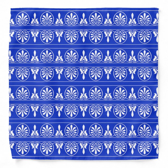 Greek Arabesque Mediterranean Pattern Blue Bandana (Front)
