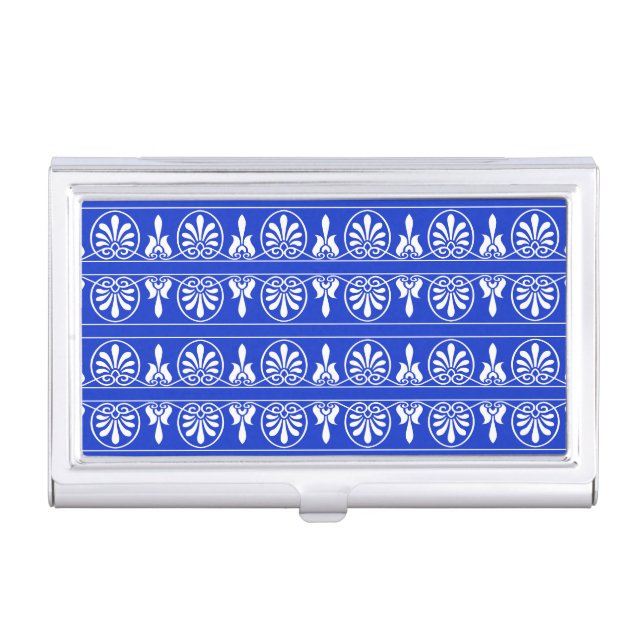 Greek Arabesque Mediterranean Pattern Blue Business Card Case (Front)