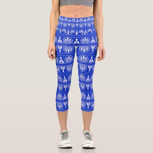 Greek Arabesque Mediterranean Pattern Blue Capri Leggings