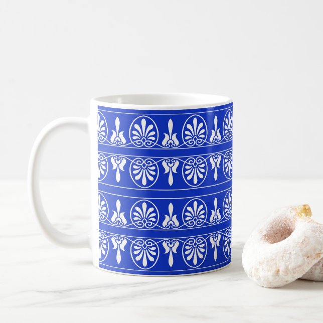 Greek Arabesque Mediterranean Pattern Blue Coffee Mug (With Donut)