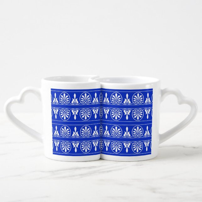 Greek Arabesque Mediterranean Pattern Blue Coffee Mug Set (Back Nesting)