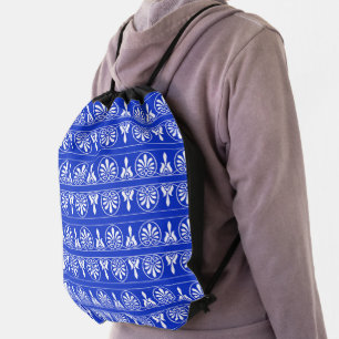 Greek Arabesque Mediterranean Pattern Blue Drawstring Bag