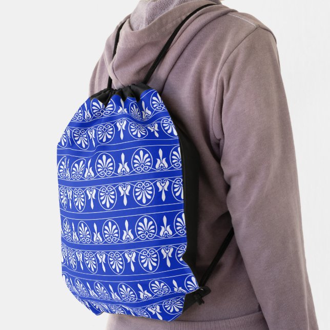 Greek Arabesque Mediterranean Pattern Blue Drawstring Bag (Insitu)