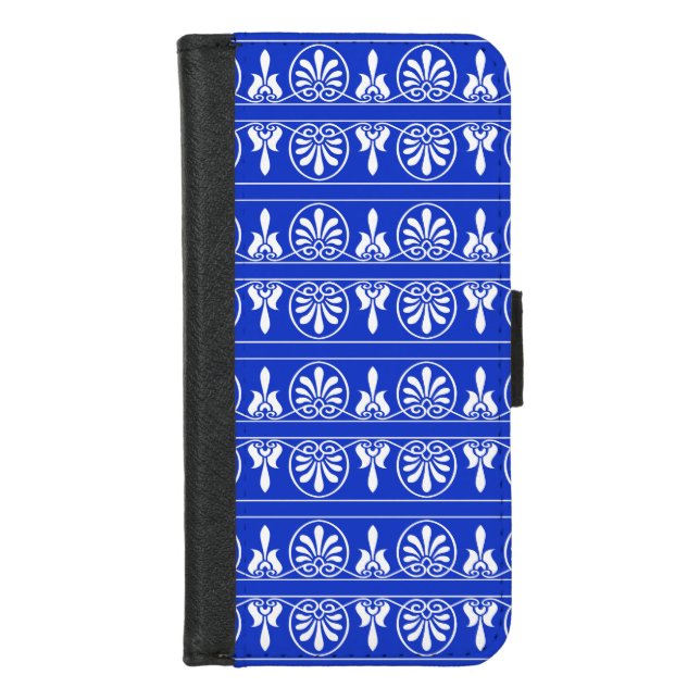 Greek Arabesque Mediterranean Pattern Blue iPhone Wallet Case (Front)