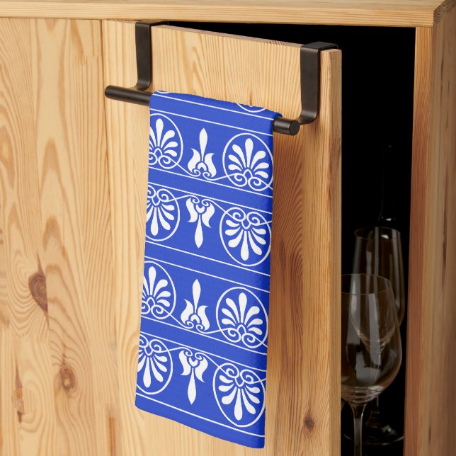 Greek Arabesque Mediterranean Pattern Blue Kitchen Towel (Thirds Fold)