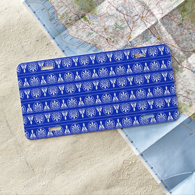 Greek Arabesque Mediterranean Pattern Blue License Plate (In Situ)
