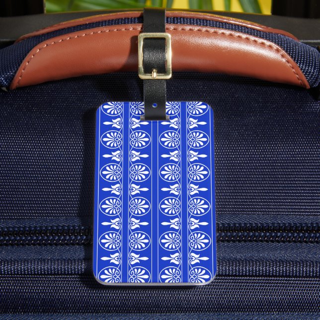 Greek Arabesque Mediterranean Pattern Blue Luggage Tag (Front Insitu 2)