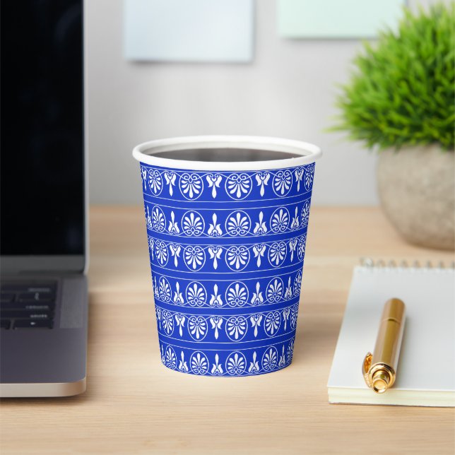 Greek Arabesque Mediterranean Pattern Blue Paper Cups (Insitu)