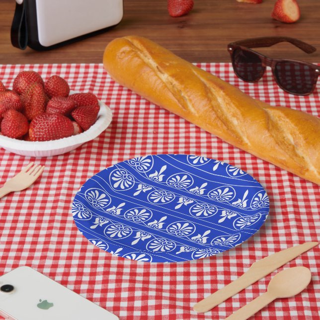 Greek Arabesque Mediterranean Pattern Blue Paper Plates (Picnic)