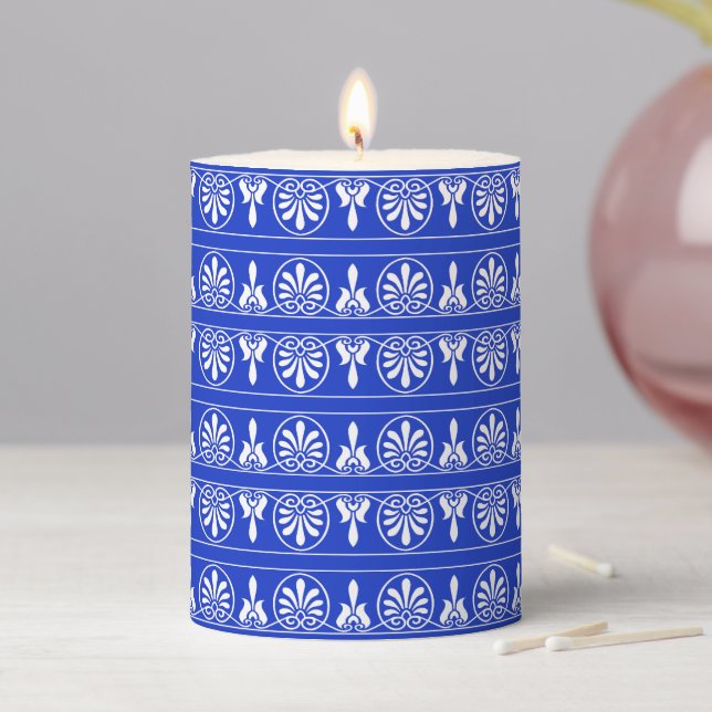 Greek Arabesque Mediterranean Pattern Blue Pillar Candle (In Situ)
