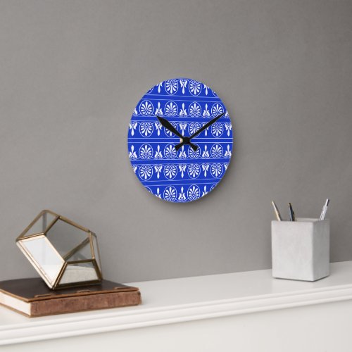 Greek Arabesque Mediterranean Pattern Blue Round Clock