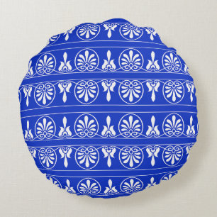 Greek Arabesque Mediterranean Pattern Blue Round Pillow