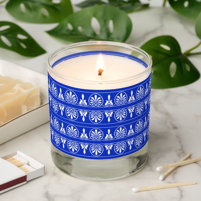 Greek Arabesque Mediterranean Pattern Blue Scented Candle (Lit)