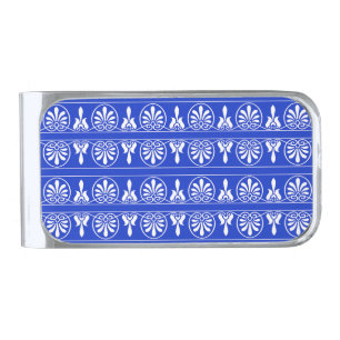 Greek Arabesque Mediterranean Pattern Blue Silver Finish Money Clip
