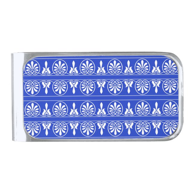 Greek Arabesque Mediterranean Pattern Blue Silver Finish Money Clip (Front)