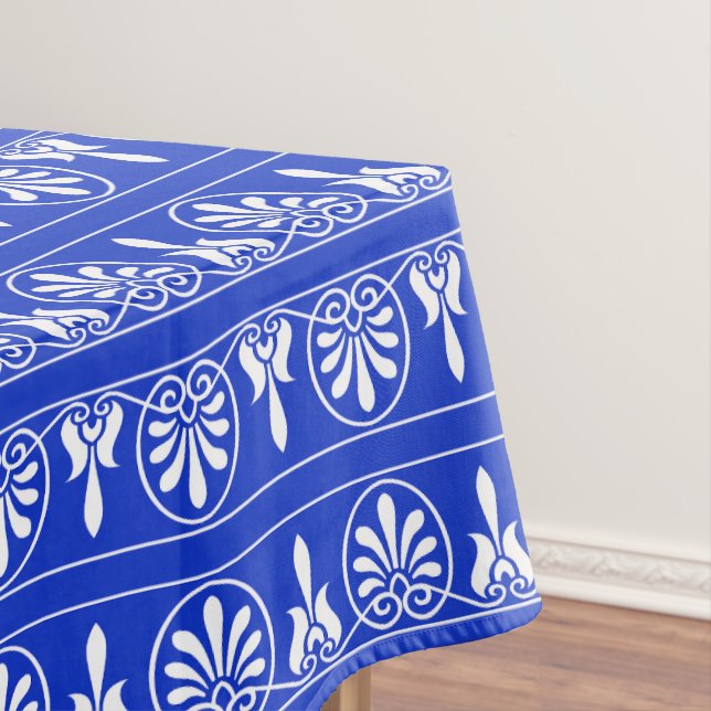 Greek Arabesque Mediterranean Pattern Blue Tablecloth (In Situ)