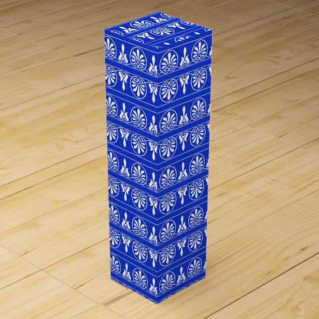 Greek Arabesque Mediterranean Pattern Blue Wine Box (Front)