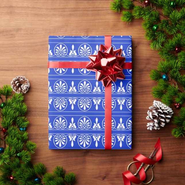 Greek Arabesque Mediterranean Pattern Blue Wrapping Paper (Holiday Gift)