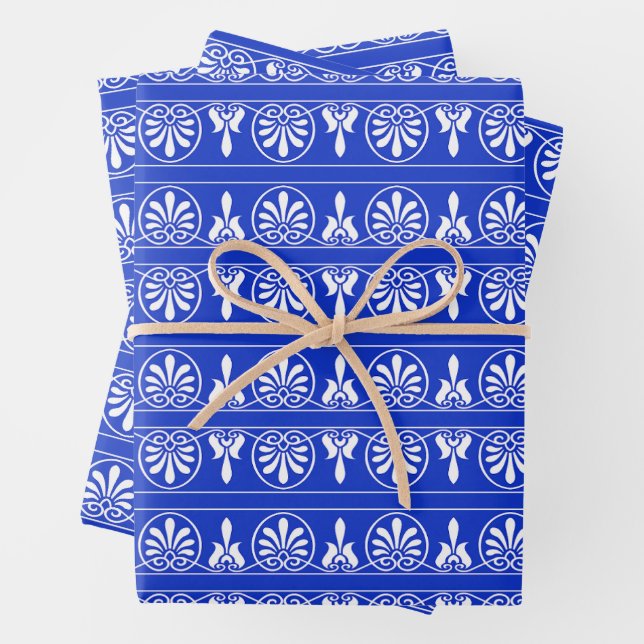 Greek Arabesque Mediterranean Pattern Blue Wrapping Paper Sheets (In situ)