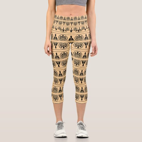 Greek Arabesque Mediterranean Pattern Brown Capri Leggings