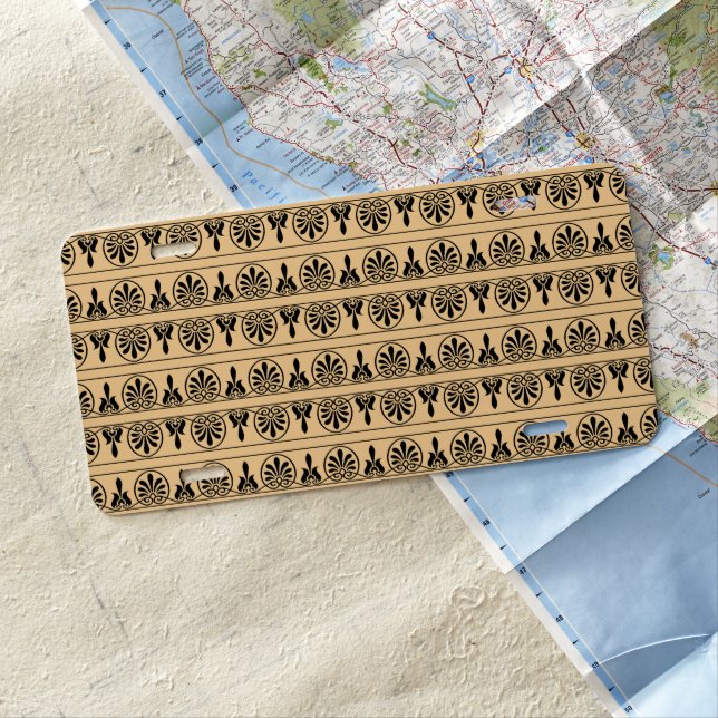 Greek Arabesque Mediterranean Pattern Brown License Plate (In Situ)