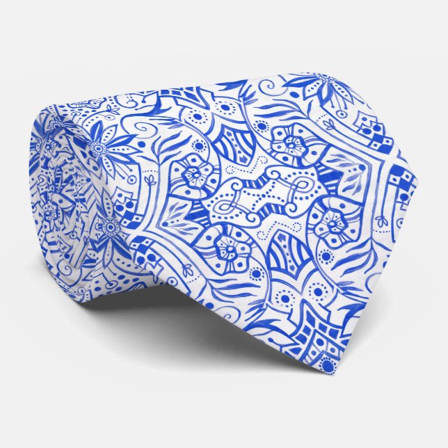 Greek Baroque Arabesque Pattern Azure Blue White Neck Tie (Rolled)