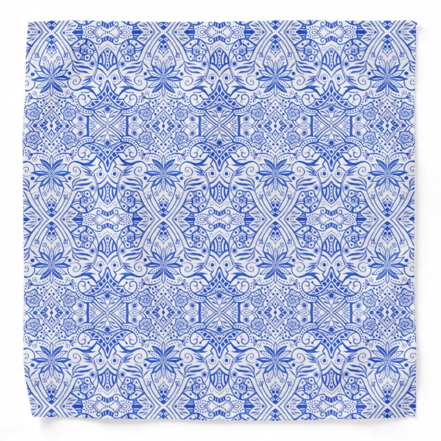 Greek Baroque Arabesque Pattern Royal Blue White Bandana (Front)
