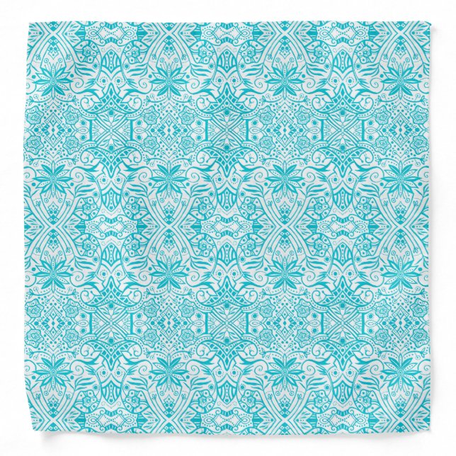 Greek Baroque Arabesque Pattern Turquoise White Bandana (Front)