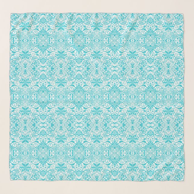 Greek Baroque Arabesque Pattern Turquoise White Scarf (Front)
