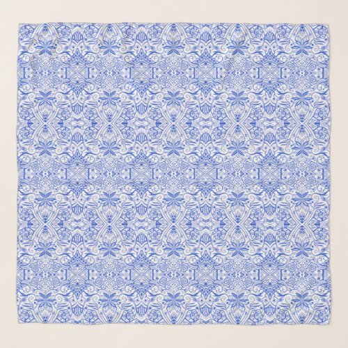 Greek Baroque Arabesque Pattern White Blue Scarf