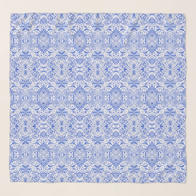 Greek Baroque Arabesque Pattern White Blue Scarf (Front)