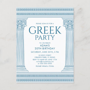 Greek birthday party with blue stone columns postcard