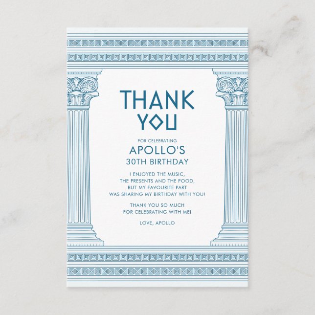 Greek Birthday Party with blue temple Thank You Card (Front)