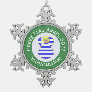 Greek Blonde Angel Christmas Flag Personalized Snowflake Pewter Christmas Ornament