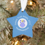 Greek Blonde Angel Hanukkah Flag Personalized  Ornament<br><div class="desc">A special design, intended for Hanukkah, features a blonde haired angel wearing the flag of Greece. She flies in a white circle of squiggly squares. White letters read GREEK FLAG ANGEL 20?? and, also, have a space for your name, or, someone else's. The background is blue squiggly squares. Colors, blue...</div>