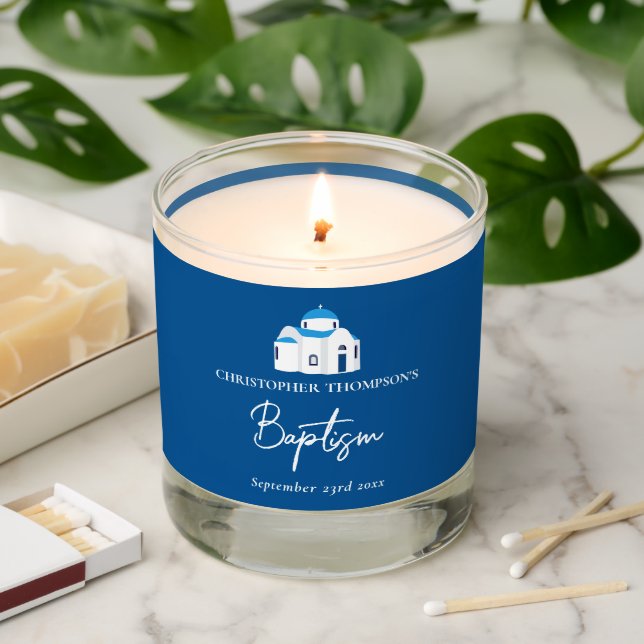 Greek Blue Dome Church Baptism Christening Favor Scented Candle (Lit)