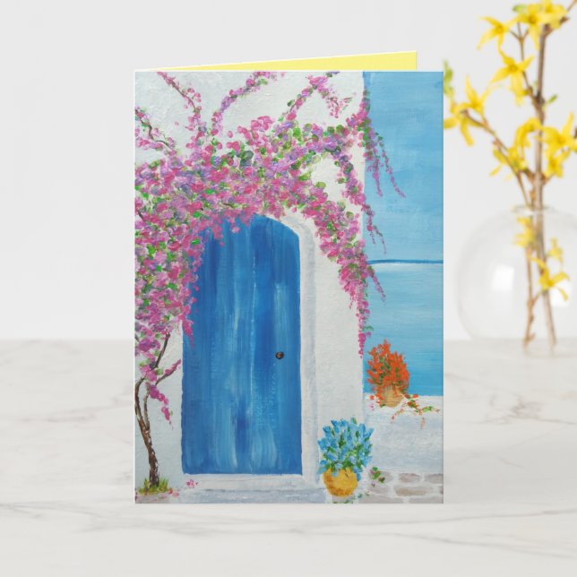 Greek Blue Door  Card (Yellow Flower)