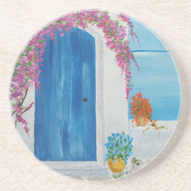 Greek Blue Door Coaster (Front)