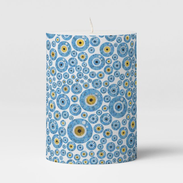 Greek Blue Glass Evil Eye Amulet Pillar Candle (Front)
