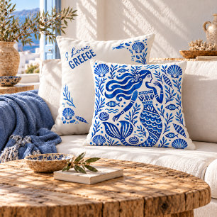Greek Blue Mermaid Coastal Throw Pillow