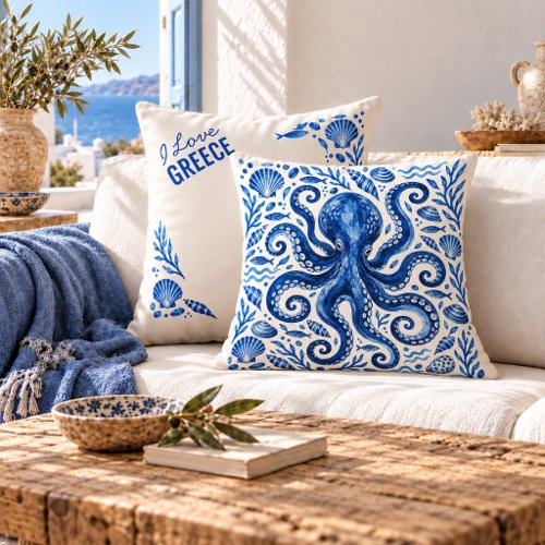Greek Blue Octopus Coastal Throw Pillow