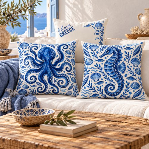 Greek Blue Seahorse Coastal Throw Pillow