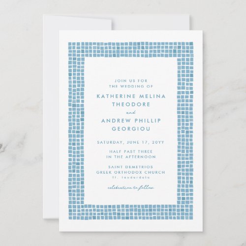 Greek blue tile frame simple destination wedding invitation
