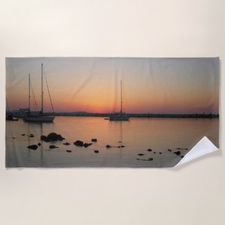 Greek Boats at Cyclades Sunset Beach Towel