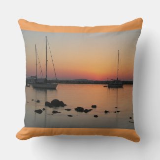 Greek Boats at Cyclades Sunset Throw Pillow