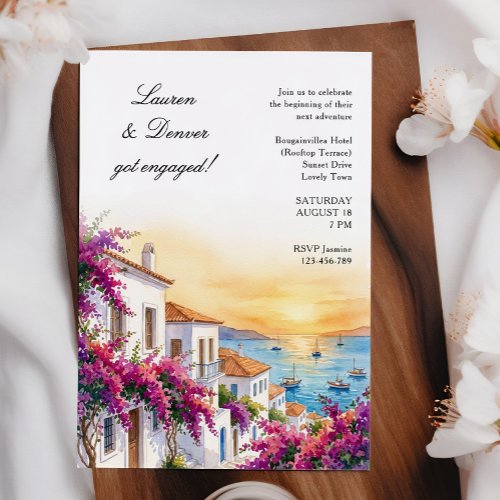 Greek Bougainvillea Sunset Engagement Party Invitation