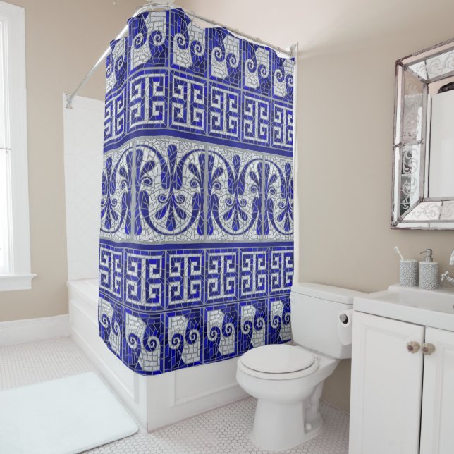 Greek Broken Tile Mosaic Art Border Shower Curtain (In Situ)