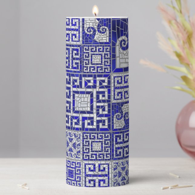 Greek Broken Tile Mosaic Art  Pillar Candle (In Situ)