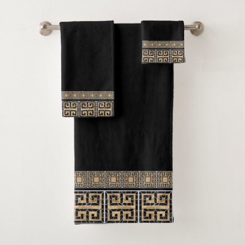 Greek Broken Tile Mosaic Black and gold Bath Towel Set
